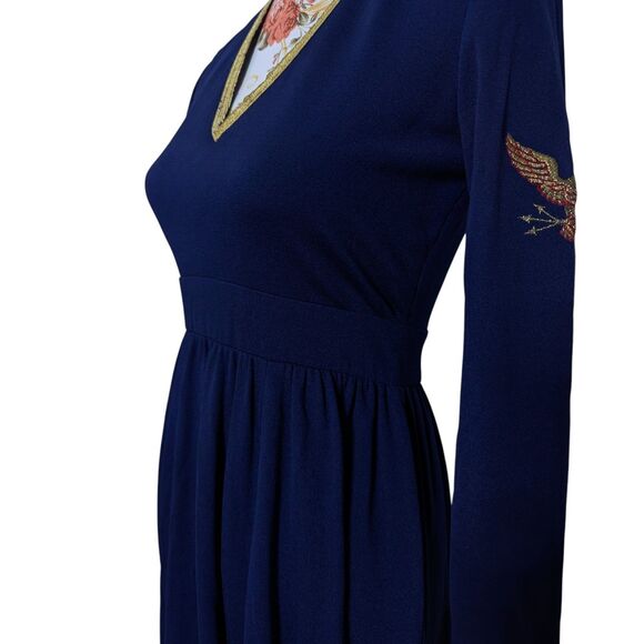 Vintage Pat Richards Sz Small Navy Blue Maxi Dress Gold Trim Embroidered Eagle - Picture 5 of 11